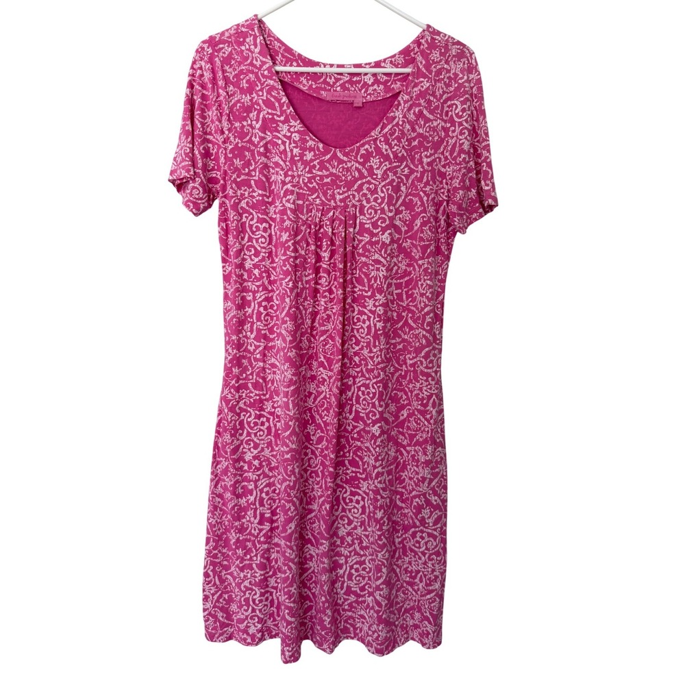 Fresh Produce Womens Pink White Scroll Print V-Neck Pocket Dress Style 21940